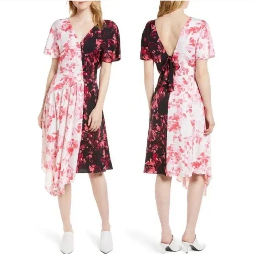 Lewit Double Print Floral Stretch Silk Midi Dress Asymmetrical Plunge V-Neck 4
